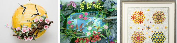왼쪽 그림부터 종이접기로 만든 박모양에 무궁화 꽃 전시, 종이접기로 만든 정원전시, 종이접기로 만든 문양전시